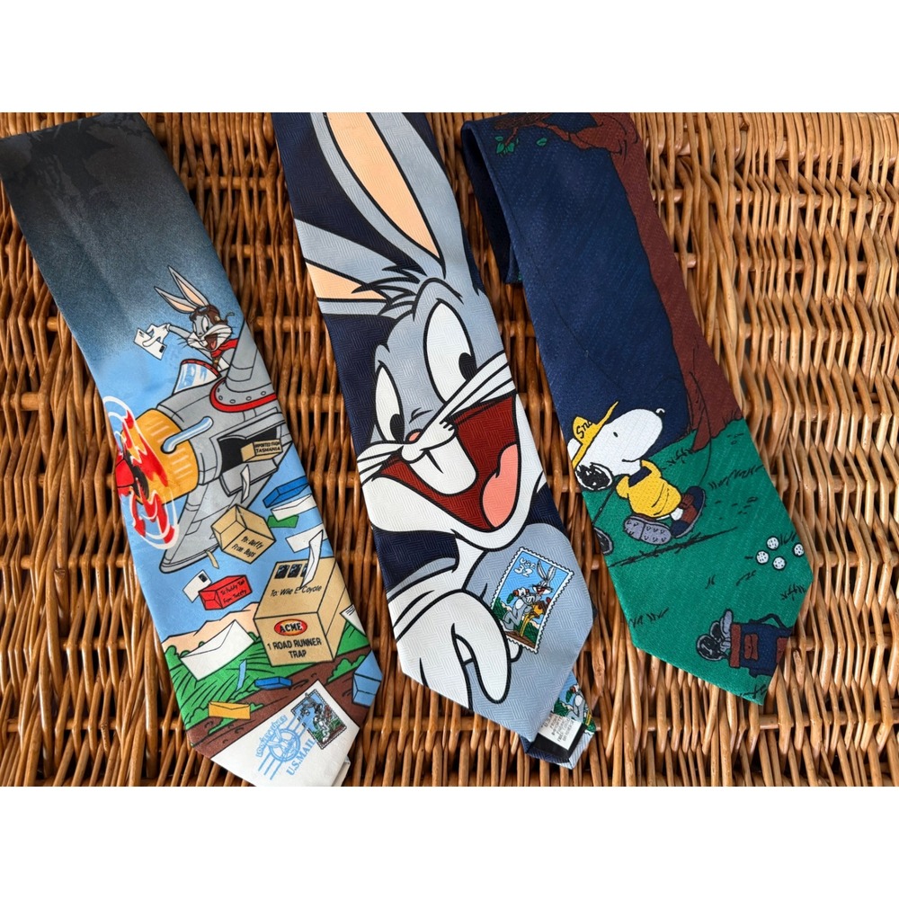 Vintage Looney Tunes Peanuts Tie Lot Bugs Bunny Snoopy Golf Acme 90s USA